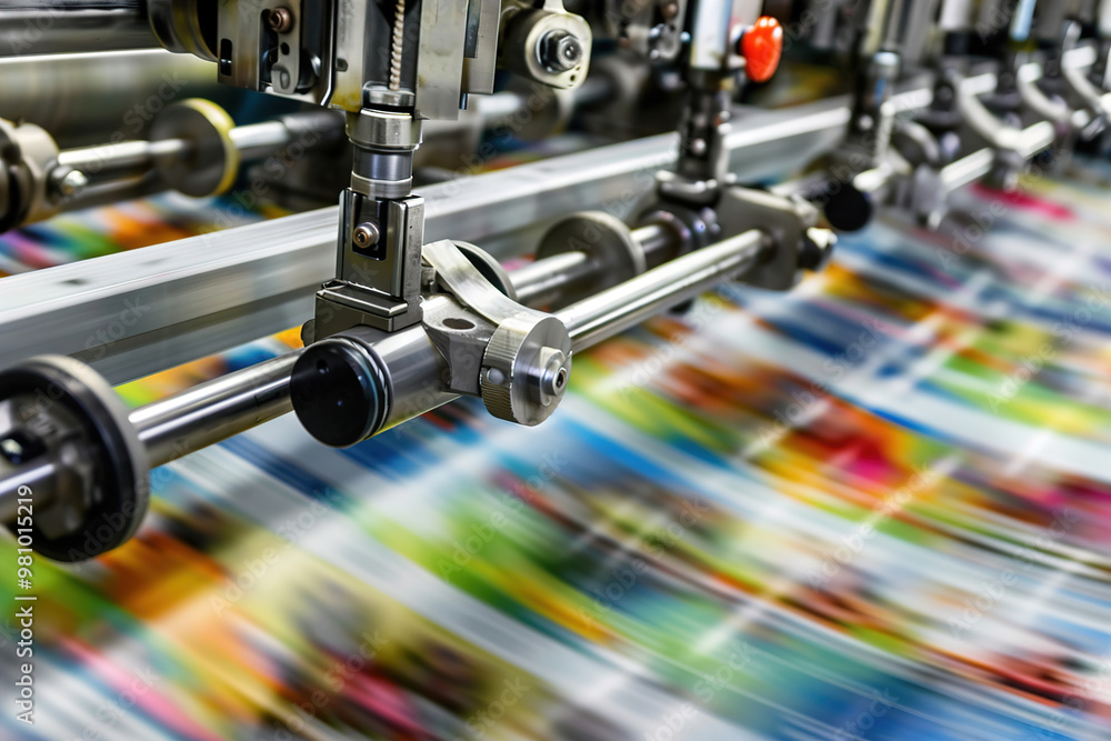 Printing press in action, freshly printed pages emerging, vibrant ink colors visible. Printing press in action, freshly printed pages emerging, vibrant ink colors visible.