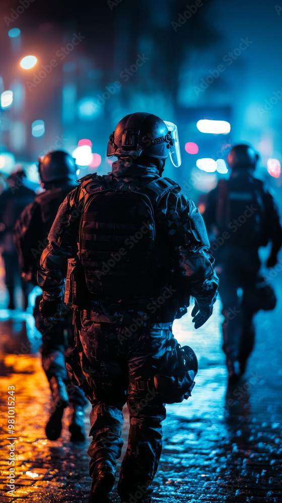 A group of men in military uniforms are walking down a street at night A group of men in military uniforms are walking down a street at night