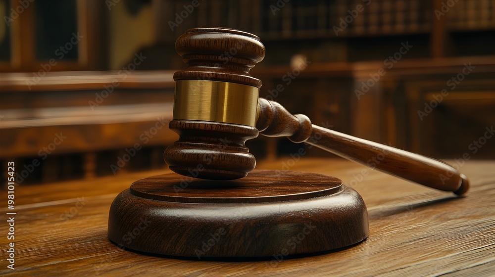 Wooden Gavel on Table in Courtroom for Legal Proceedings and Judicial Decisions Wooden Gavel on Table in Courtroom for Legal Proceedings and Judicial Decisions