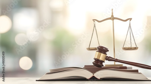 Scales of Justice and Gavel on Legal Book on Wooden Desk