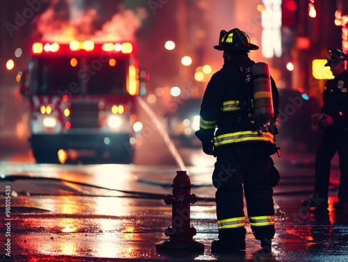 A firefighter stands in front of a fire truck photo