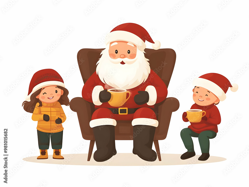 Flat Santa Sharing Joy: Kids Enjoying Hot Cocoa Together in a Cozy, Festive Scene � Vector Illustration Flat Santa Sharing Joy: Kids Enjoying Hot Cocoa Together in a Cozy, Festive Scene � Vector Illustration