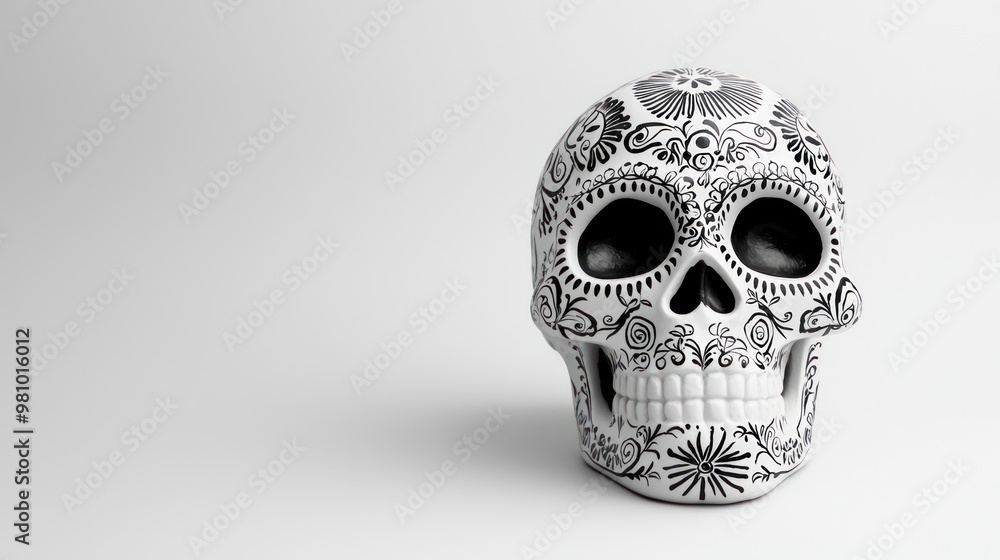 A single Day of the Dead skull in grayscale with minimal detailing on a light-colored background, allowing for copy space above. A single Day of the Dead skull in grayscale with minimal detailing on a light-colored background, allowing for copy space above.