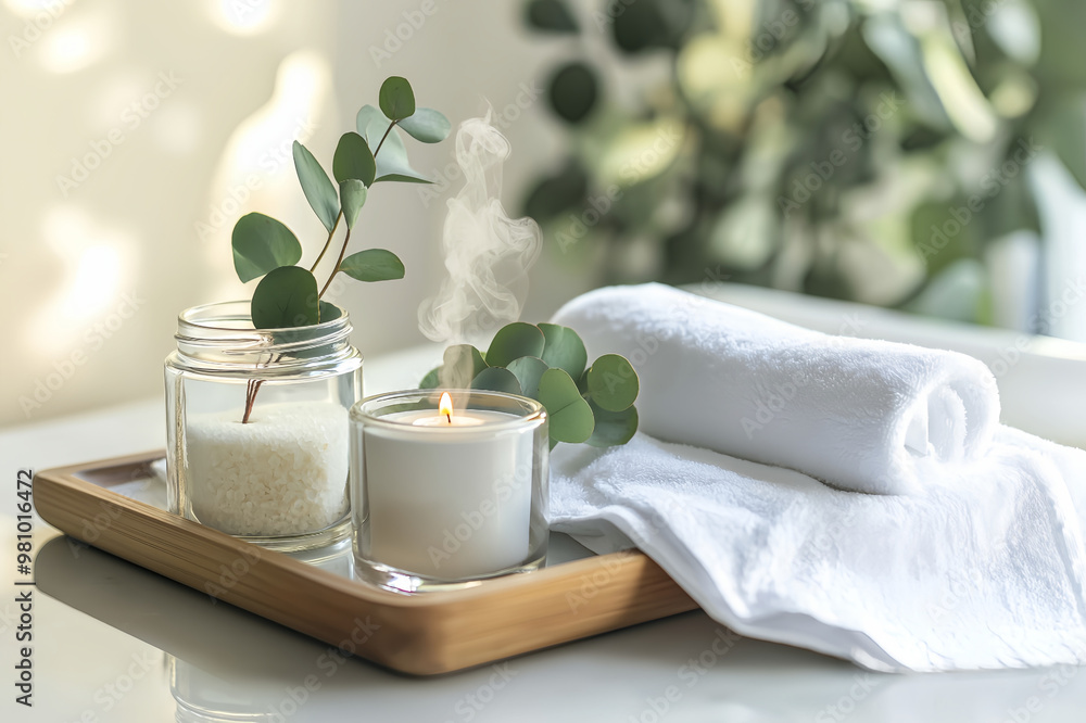 spa essentials on a wooden tray with bath salts candles and rolled towels spa essentials on a wooden tray with bath salts candles and rolled towels
