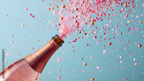 Champagne bottle bursts open, spilling vibrant pink, beige sprinkles into the air against blue background. The playful and minimal concept evokes celebration and festivity in a whimsical way photo