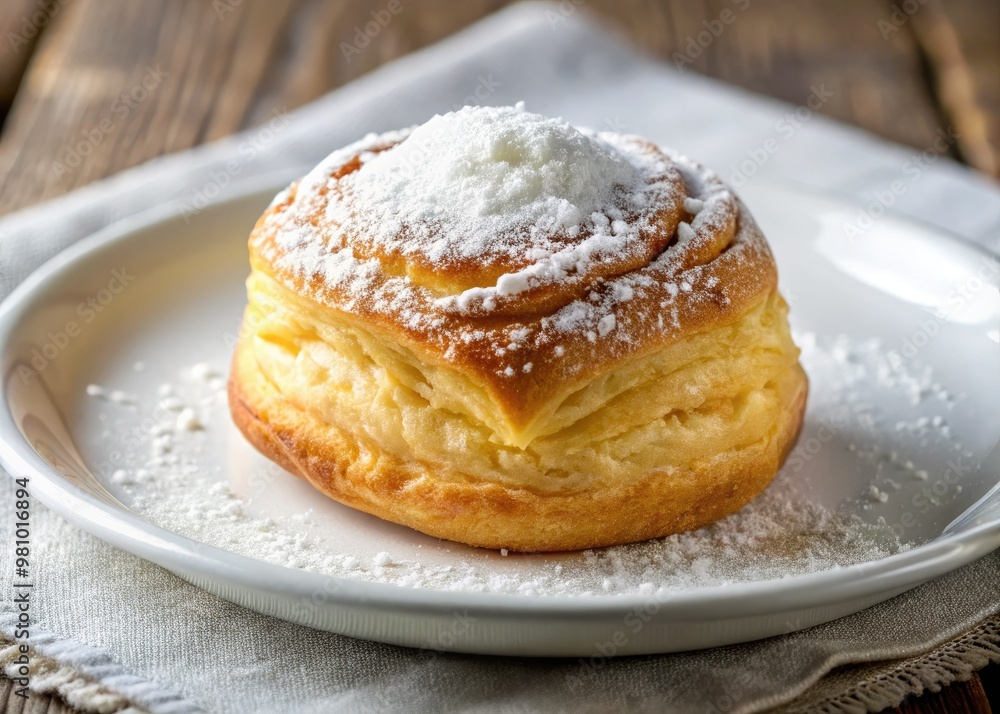 Golden-brown pastry with a light and sweet crumb, sprinkled with powdered sugar on a white plate Golden-brown pastry with a light and sweet crumb, sprinkled with powdered sugar on a white plate