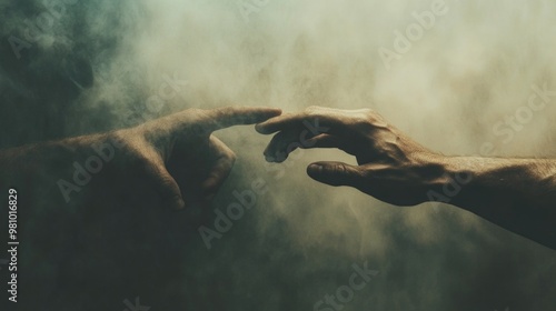 Two hands reaching out to touch each other, with smoke on background.