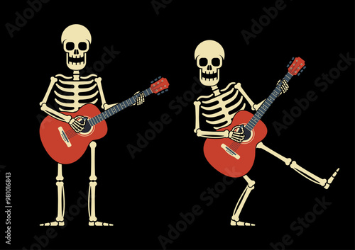 Playful skeleton playing guitar during a festive celebration Halloween. Cartoon skeleton engage in a lively musical performance with guitar. Vector isolated illustration