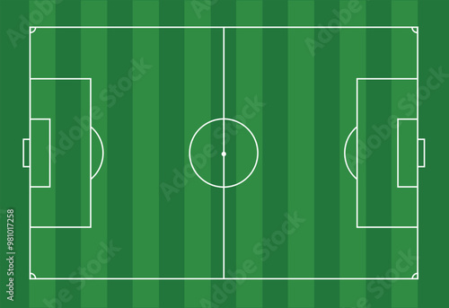 Soccer field. Sport Football pitch. Football empty Stadium with green grass. Football ground. Green texture with stripes and white lines. Corner, penalty and center. Football match. Playground Vector