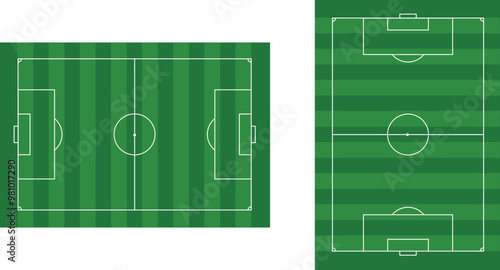 Set of Soccer field. Sport Football pitch. Football empty Stadium with green grass. Football ground. Green texture with stripes and white lines. Corner, penalty and center. Football match. Playground 