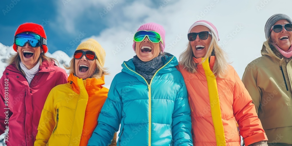 A group of cheerful friends is enjoying a winter getaway in the snowy mountains, creating happy memories amidst the beautiful natural scenery and engaging in various outdoor activities A group of cheerful friends is enjoying a winter getaway in the snowy mountains, creating happy memories amidst the beautiful natural scenery and engaging in various outdoor activities