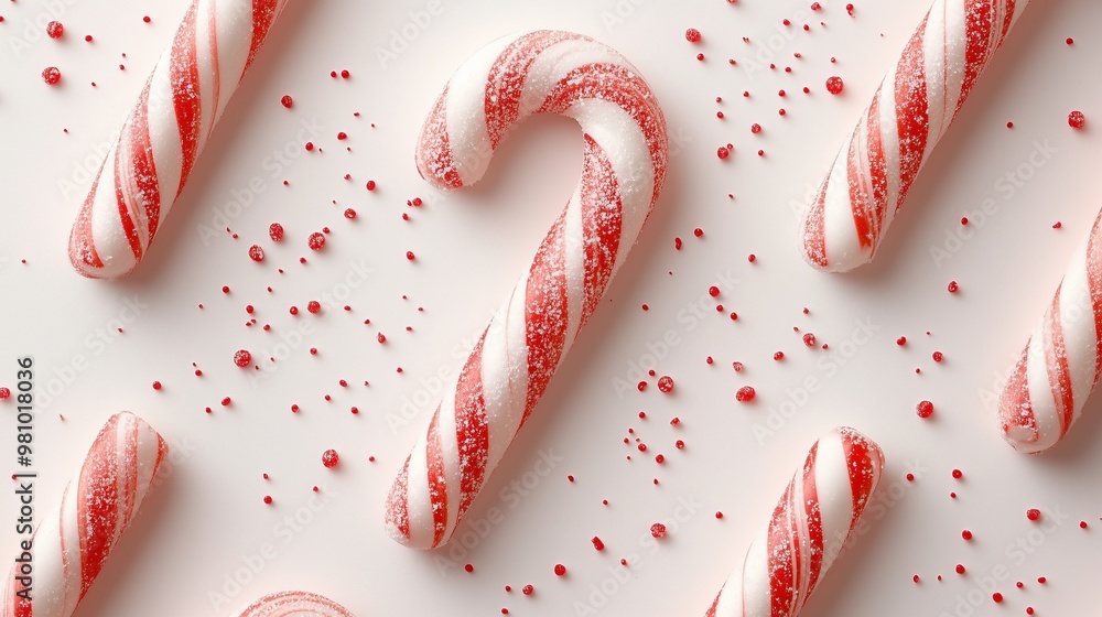 Candy canes arranged in an artistic pattern on a white background, festive and joyful wallpaper for Christmas. Candy canes arranged in an artistic pattern on a white background, festive and joyful wallpaper for Christmas.