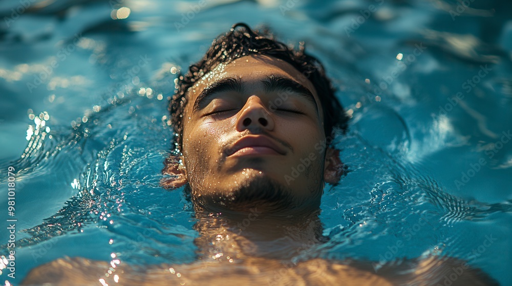 Young man relaxing and floating in a pool Young man relaxing and floating in a pool