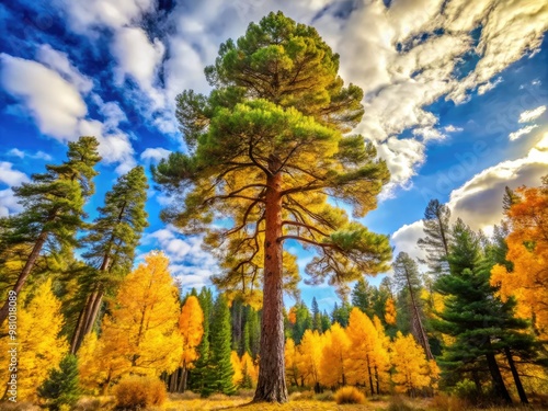 Majestic yellow pine tree with vibrant foliage and towering presence in a serene forest setting