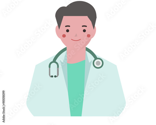 信頼感のある医師の男性。笑顔の聴診器を持った医者。ベクターイラスト