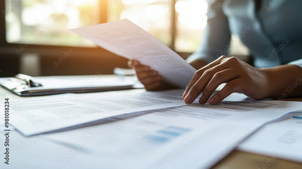 Professional Woman Analyzing Financial Documents in Office Professional Woman Analyzing Financial Documents in Office