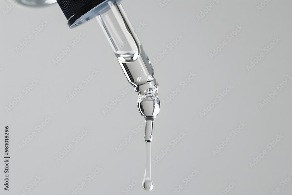 Сlear essential oil dripping from a glass dropper, set against a clean white background. Emphasizes purity, wellness, skincare, often associated with essential oils and natural beauty products Сlear essential oil dripping from a glass dropper, set against a clean white background. Emphasizes purity, wellness, skincare, often associated with essential oils and natural beauty products