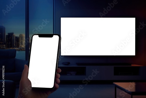 Obraz na płótnie TV sync smartphone screen television city.