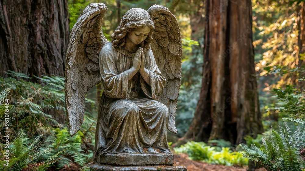 A sculpture of an angel kneeling with hands together in prayer, set against a backdrop of tall, ancient trees in a quiet forest. A sculpture of an angel kneeling with hands together in prayer, set against a backdrop of tall, ancient trees in a quiet forest.