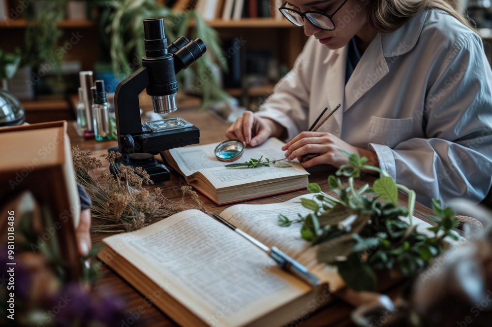 Fototapeta premium a wooden desk with botanical books magnifying glasses dried flowers and plant specimens