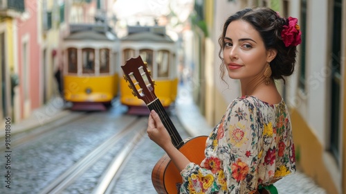 Elegant Portuguese woman in a traditional fado dress, holding a guitarra, standing on a cobblestone street with Lisbons iconic trams in the background. The scene is filled with vibrant colors of the photo