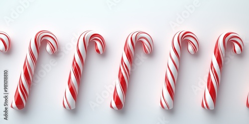 Candy canes arranged in an artistic pattern on a white background, festive and joyful wallpaper for Christmas. 