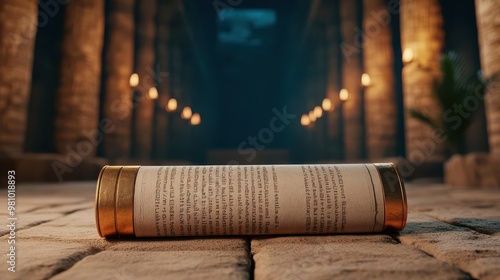 Ancient scroll with text lying on a floor in a dimly lit, historical corridor, illuminated by warm lights, evoking a sense of mystery and antiquity.