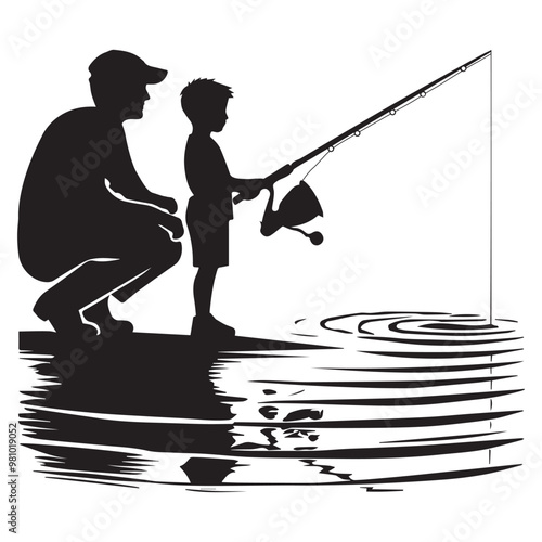 Fisherman Vector illustration in black and white - Fishing Clipart Design