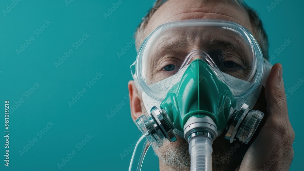 A close-up of a man wearing a respiratory mask, demonstrating safety and health practices in a clinical environment. A close-up of a man wearing a respiratory mask, demonstrating safety and health practices in a clinical environment.