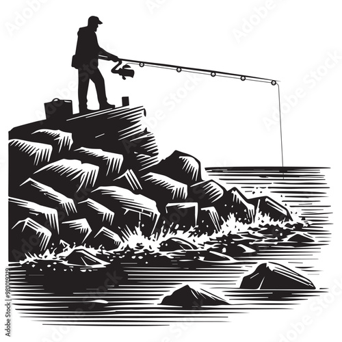 Fisherman Vector illustration in black and white - Fishing Clipart Design