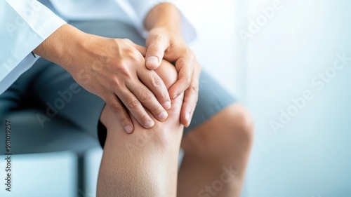 A close-up view of a doctor's hands examining a patient's knee, highlighting medical care and attention to joint health.