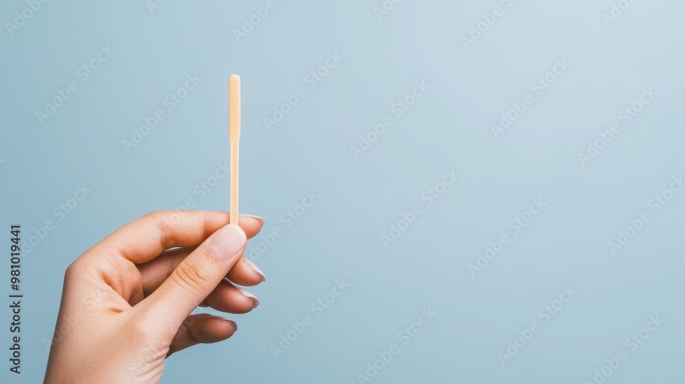 A hand holding a small wooden stick against a soft blue background, perfect for creative and minimalist design concepts. A hand holding a small wooden stick against a soft blue background, perfect for creative and minimalist design concepts.