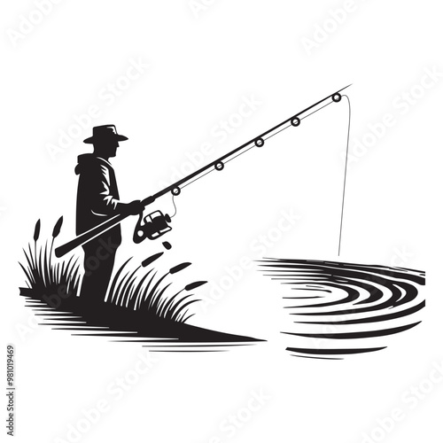 Fisherman Vector illustration in black and white - Fishing Clipart Design