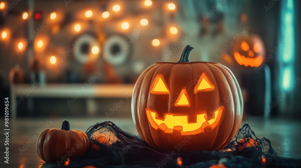 Fototapeta premium Spooky Halloween Pumpkin Amidst Festive Decorations