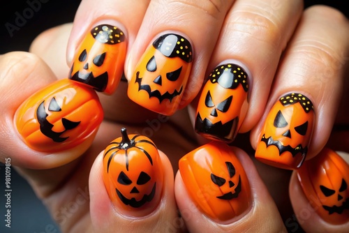 Spooky yet stylish Halloween-inspired nail art designs featuring orange and black hues, creepy crawlies, and photo