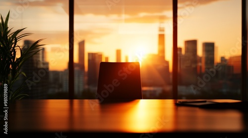 Fototapeta Naklejka Na Ścianę i Meble -  Modern office with a stunning sunset view of downtown city skyline through large windows, creating a serene and inspirational workspace.