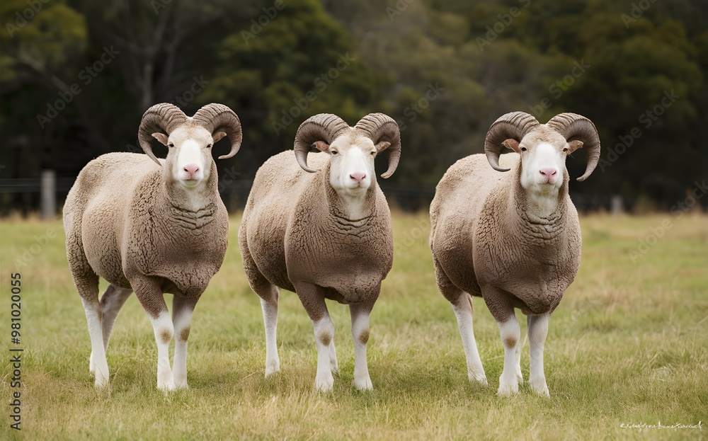 Portrait of Stud Merino Rams at Merino Stud, Capturing Majestic Sheep in Pastoral Landscape, Highlighting Unique Wool Characteristics and Breed Excellence Portrait of Stud Merino Rams at Merino Stud, Capturing Majestic Sheep in Pastoral Landscape, Highlighting Unique Wool Characteristics and Breed Excellence