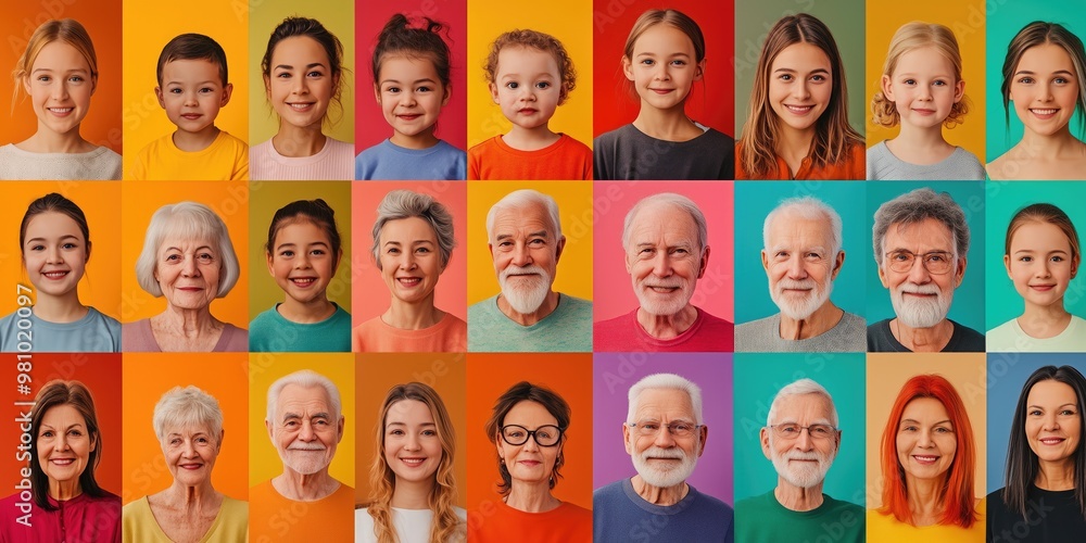 Portraits of Multigenerational Family Members. Children and Seniors Smiling Against Colorful Backgrounds. Portraits of Multigenerational Family Members. Children and Seniors Smiling Against Colorful Backgrounds.