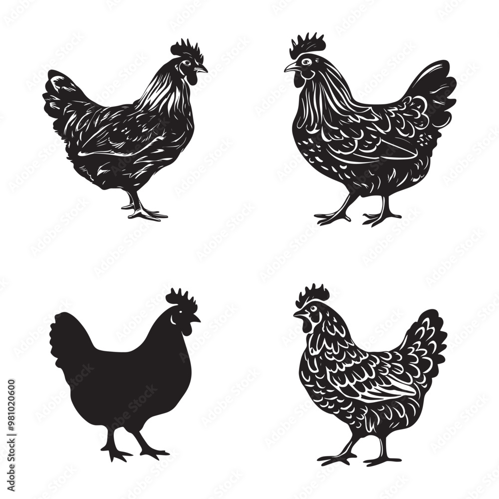 Fototapeta premium Chicken silhouette set black color vector illustration