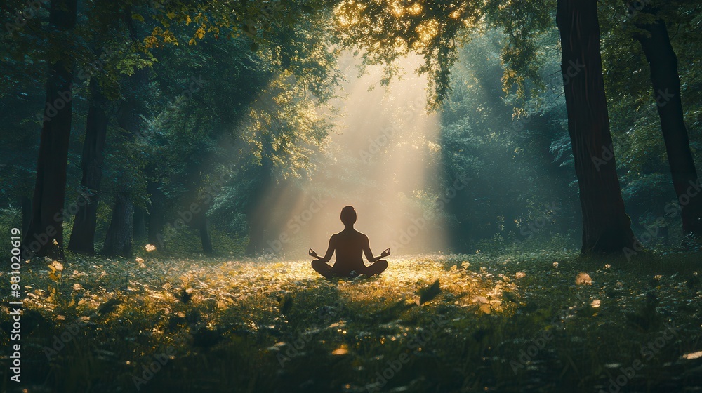 Woman meditating in lotus position in forest at sunrise