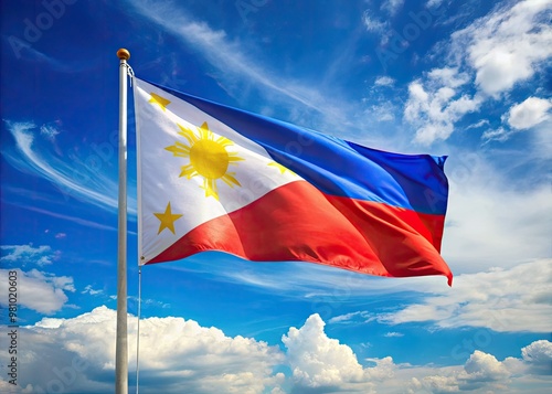 The Tricolor Philippine flag flaps confidently against a radiant blue sky, its striking red, white, and blue hues exuding patriotism and national pride. photo