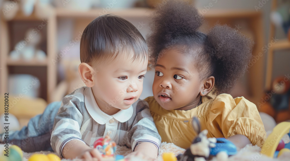 Two adorable multi ethnic children playing together. Two adorable multi ethnic children playing together.