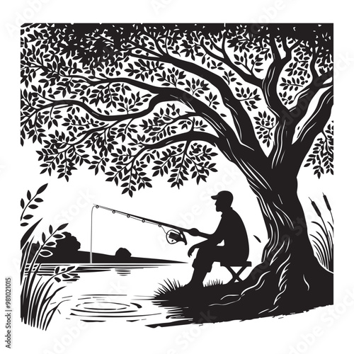 Fisherman Vector illustration in black and white - Fishing Clipart Design