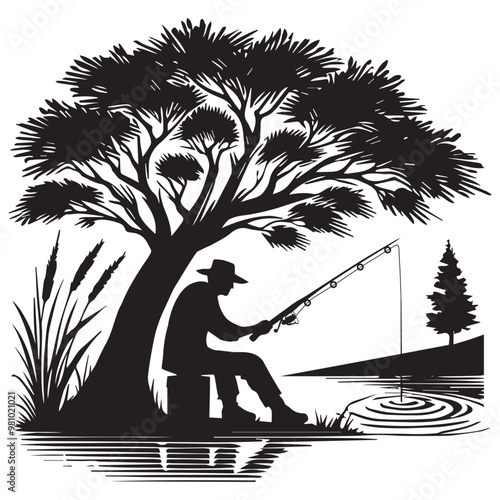 Fisherman Vector illustration in black and white - Fishing Clipart Design