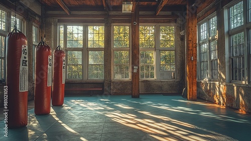 martial arts dojo training session with punching bags and mats showing discipline strength and self defense concept