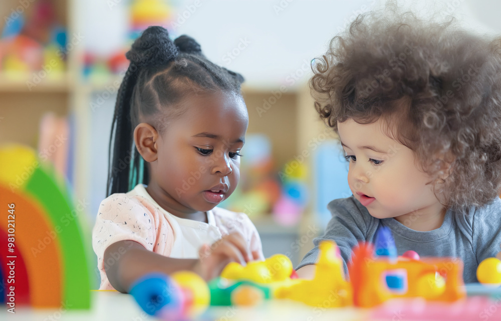 Two adorable multi ethnic children playing together. Two adorable multi ethnic children playing together.