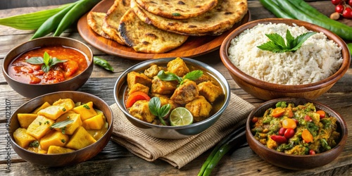 Vibrant array of Guyanese cuisine with pepperpot, roti, metemgee, and plantain