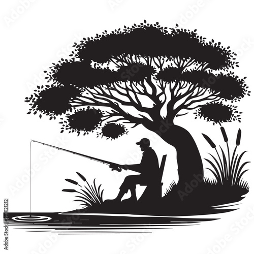 Fisherman Vector illustration in black and white - Fishing Clipart Design