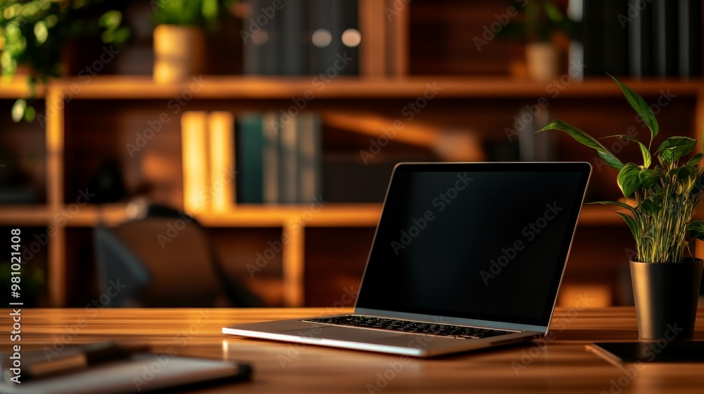 Modern workspace with a laptop on a wooden desk, surrounded by plants and bookshelves, in a cozy and well-lit environment. Modern workspace with a laptop on a wooden desk, surrounded by plants and bookshelves, in a cozy and well-lit environment.