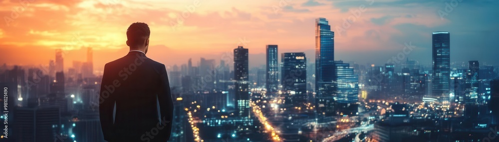 CEO gazing out at futuristic city blending with streetlights close up, focus on, copy space under sunset hues Double exposure silhouette with urban skyline CEO gazing out at futuristic city blending with streetlights close up, focus on, copy space under sunset hues Double exposure silhouette with urban skyline